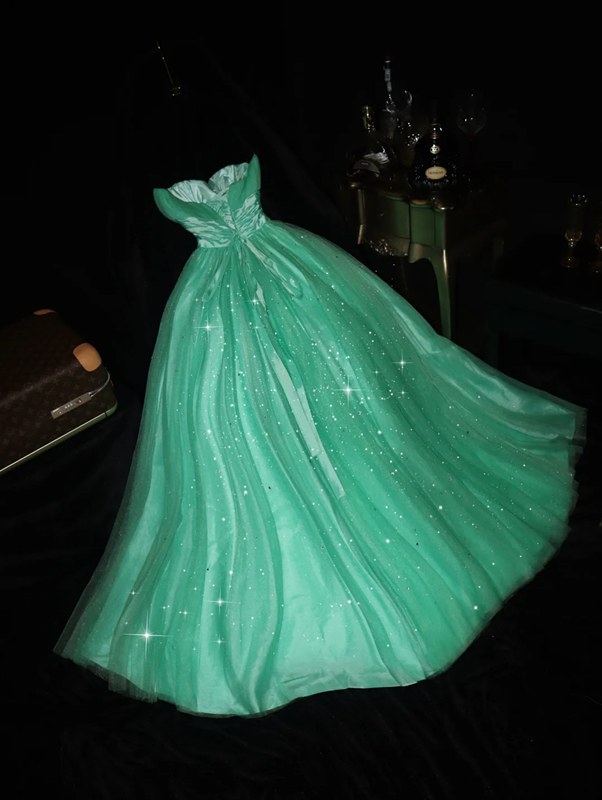 Green strapless, fitted waist, long princess-style ball gown with a full skirt R7044