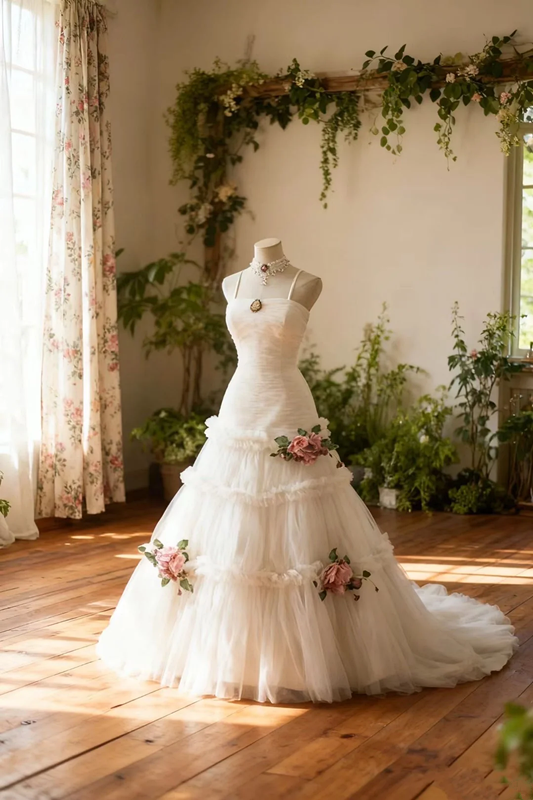 White halter-neck fitted long ball gown with a full skirt R6705