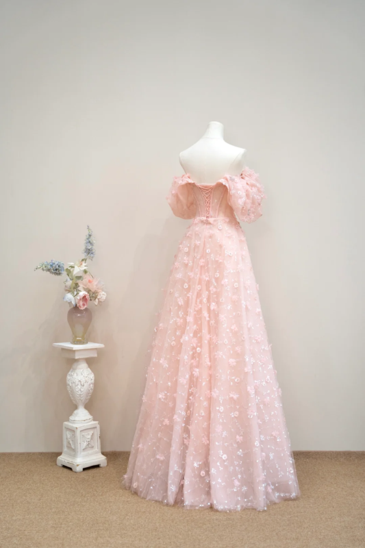Light pink off-the-shoulder fitted long ball gown, bridal dress R8901