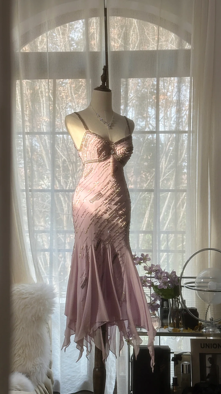 Light pink halter-neck fitted waist slim-fitting irregular hem midi ball gown R7700