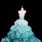Gradient green strapless fitted waist ball gown R8688
