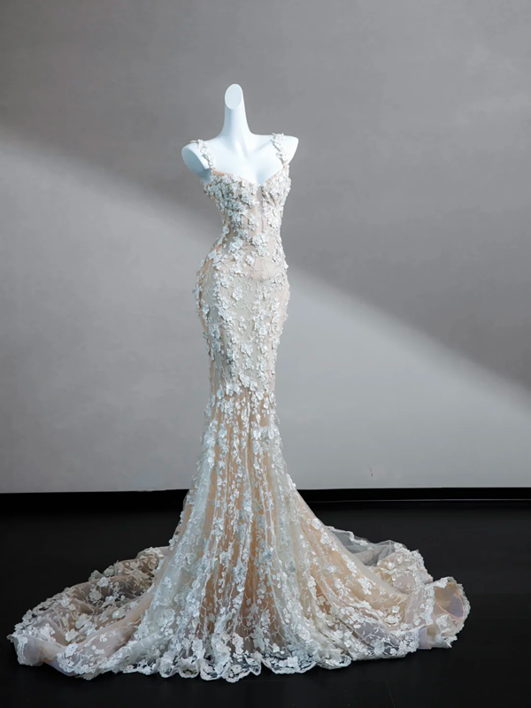 Pink suspenders and white flowers slim hip skirt, prom dress R5634