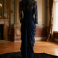 Navy blue lace-sleeved, fitted, pleated, bodycon long ball gown R6745
