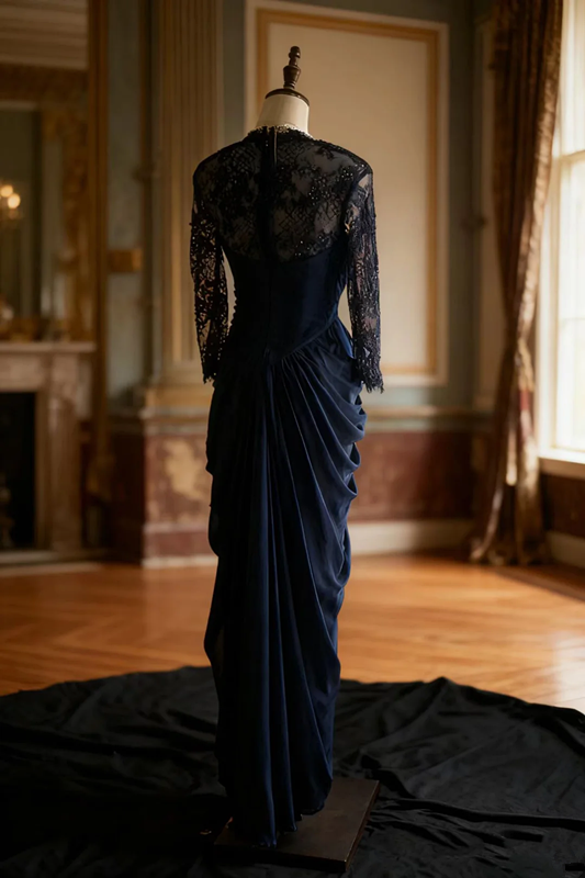 Navy blue lace-sleeved, fitted, pleated, bodycon long ball gown R6745