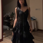 Black halter-neck fitted tiered skirt ball gown R8068