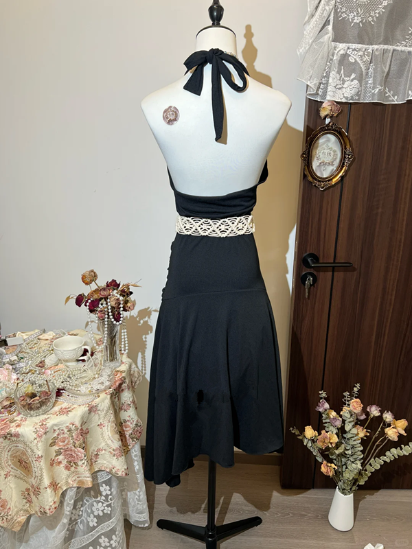 Black halterneck waist dark pleated slim sexy maxi dress homecoming dress R4323