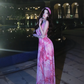 Pink floral print halter-neck fitted waist slit sexy long ball gown R7064