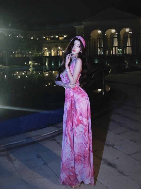 Pink floral print halter-neck fitted waist slit sexy long ball gown R7064