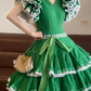 Green V-neck Waist-Cinched Tiered Skirt Long Ball Gown R7386