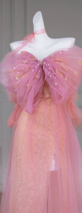 Pink bow neckline slim waist cute girl prom dress bridal gown R5828