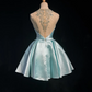 Lake blue round neck sheer diamond neckline waist slim fit princess short dress homecoming dress R4892