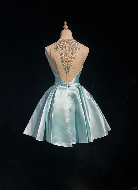 Lake blue round neck sheer diamond neckline waist slim fit princess short dress homecoming dress R4892
