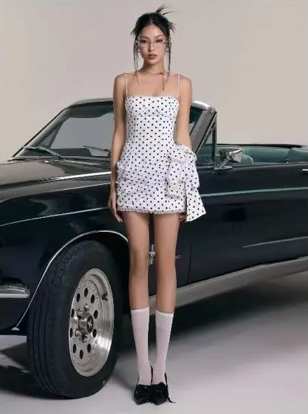 White bottom suspender polka dot waist slim bow design short skirt homecoming dress R4768