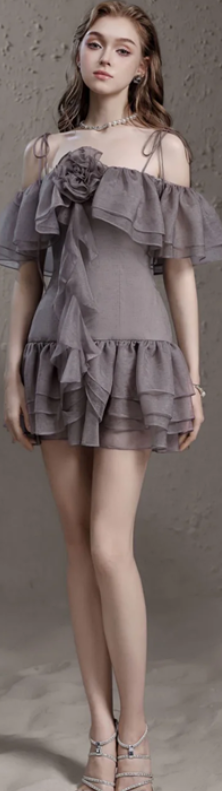 High-grade gray chiffon halter neck waist slim fit ruffled skirt short homecoming dress R4685