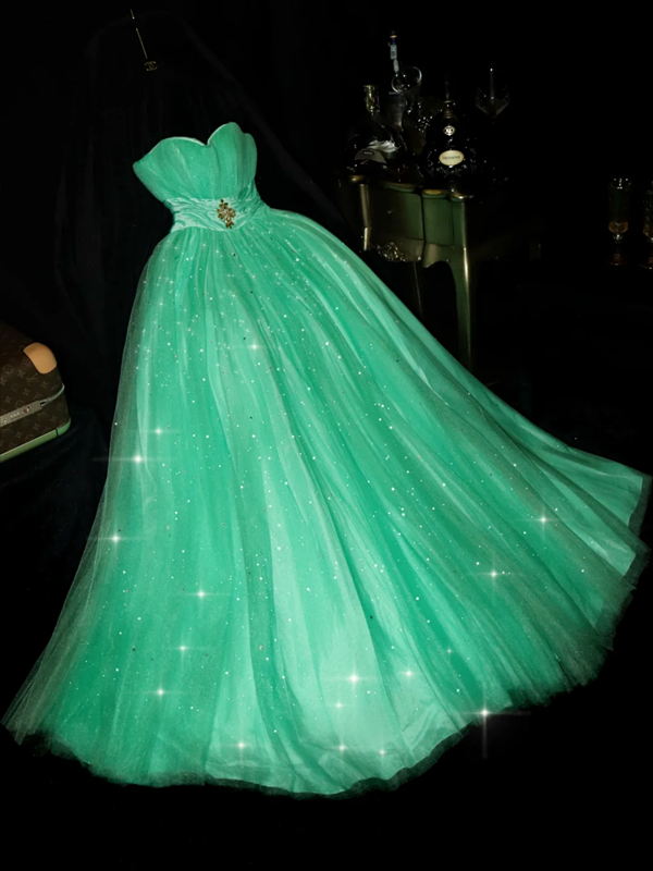 Green strapless, fitted waist, long princess-style ball gown with a full skirt R7044