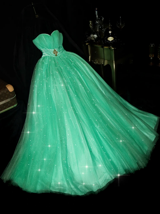 Green strapless, fitted waist, long princess-style ball gown with a full skirt R7044