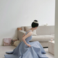 Light blue spaghetti strap, waist-cinched, full-skirted elegant prom dress R7970