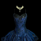 Blue halter-neck fitted short ball gown with a tiered skirt R6665