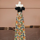 Black off-the-shoulder, fitted waist, sequined floral skirt, long ball gown R8385