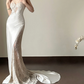 White spaghetti-strap cutout waist-cinched slim-fit backless sexy long prom gown R8010