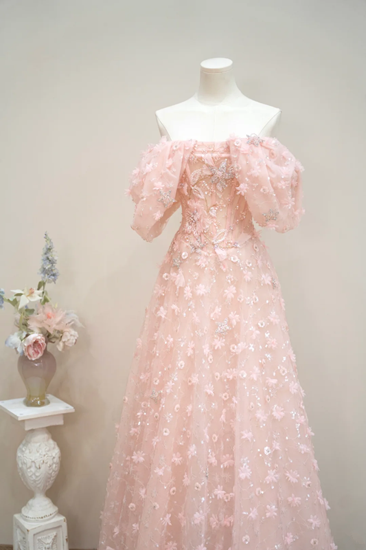 Light pink off-the-shoulder fitted long ball gown, bridal dress R8901