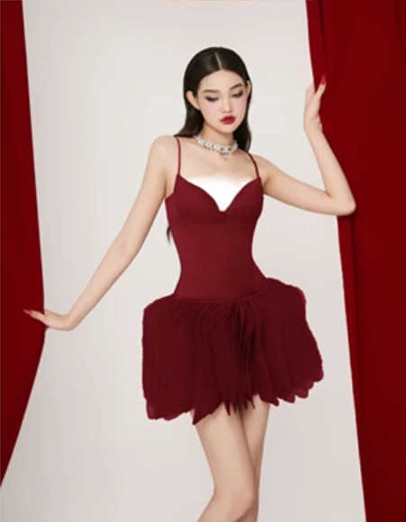 Red suspenders sexy waist slim skirt homecoming dress R4485