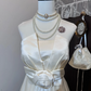 White satin tube top waist slim fit pleated long skirt homecoming dress R4363