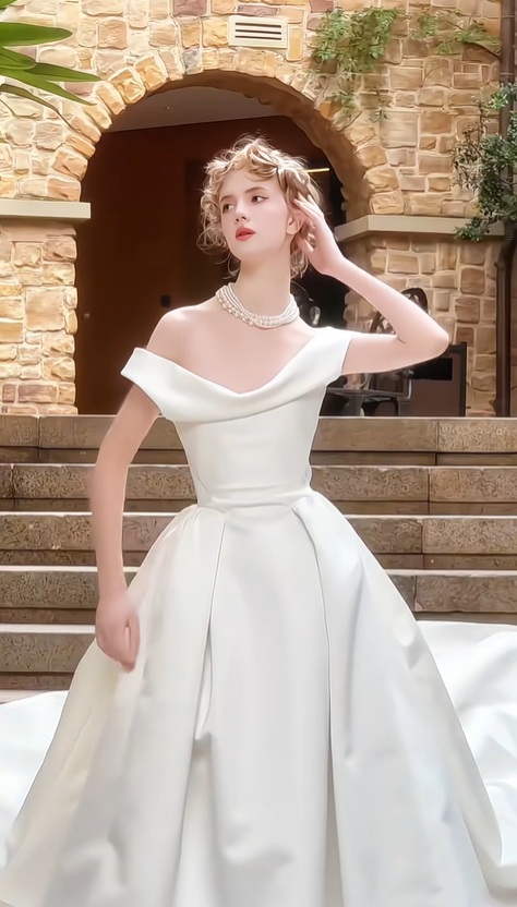 White one-shoulder slim waist elegant satin long dress bridal gown R5752