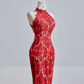 Red Chinese-style cheongsam with classic floral print, fitted waist and hip-hugging bodycon dress, ball gown, bridal gown R8209