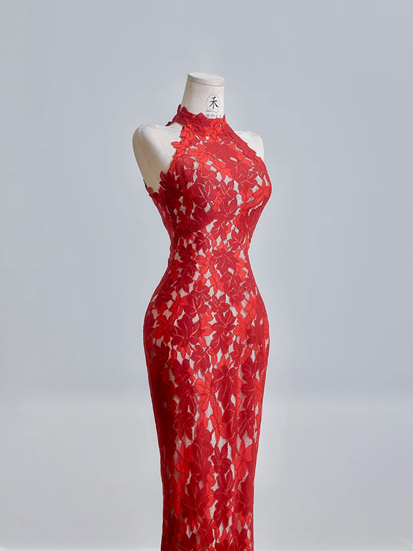 Red Chinese-style cheongsam with classic floral print, fitted waist and hip-hugging bodycon dress, ball gown, bridal gown R8209