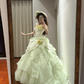 Light green strapless, fitted waist, full skirt, long ball gown R8841
