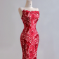 Red classic floral print strapless fitted waist slim hips sexy long ball gown R8179