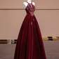 Red halter-neck, fitted waist, full skirt, long ball gown, bridal dress R8352