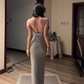 Silver sequined halter-neck fitted long sexy ball gown R7544