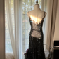 Black halter-neck fitted midi ball gown with rhinestone embellishments R7740