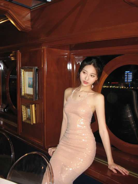 Light pink halterneck sequined slim waist and hip-hugging sexy long skirt prom dress R6106