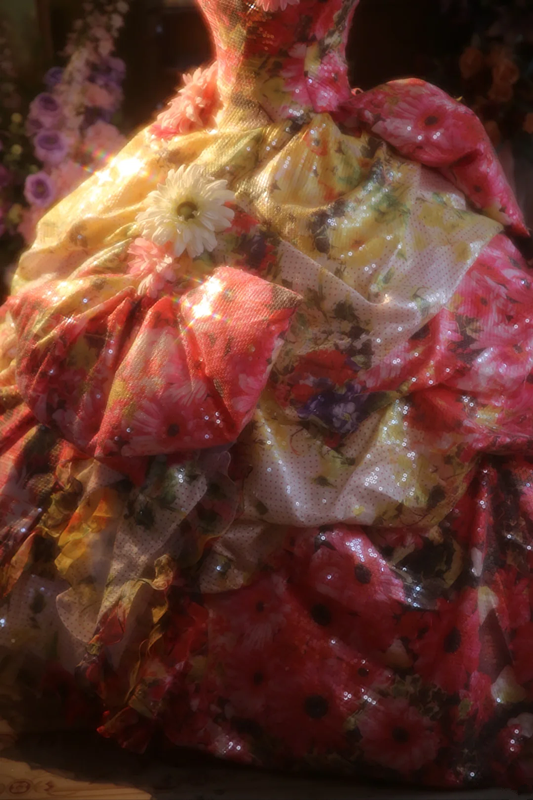 Pink retro floral strapless waist-cinching ball gown/bridal dress R7277