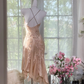 Champagne-colored halter-neck fitted slim-fitting ball gown with an asymmetrical hem R7659