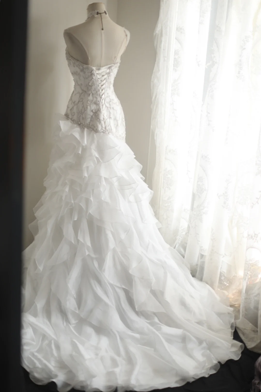 White strapless beaded fitted multi-layered long ball gown/bridal dress R6824