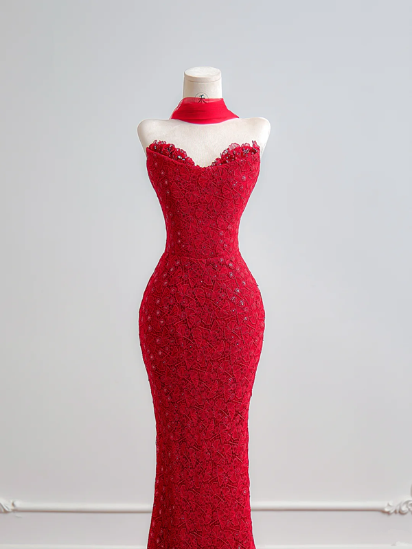 Red strapless lace fitted waist slim hip-hugging long sexy ball gown R8158