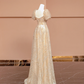 Apricot square neck fitted waist long ball gown R8410