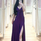 Purple halter-neck fitted long ball gown with slits and a sexy design R7891
