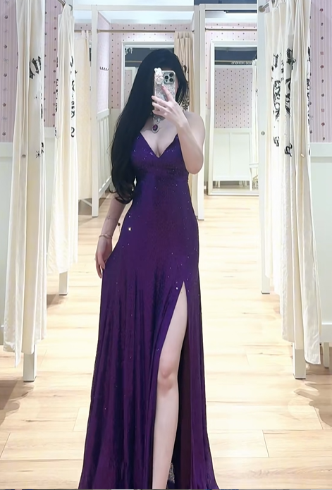 Purple halter-neck fitted long ball gown with slits and a sexy design R7891