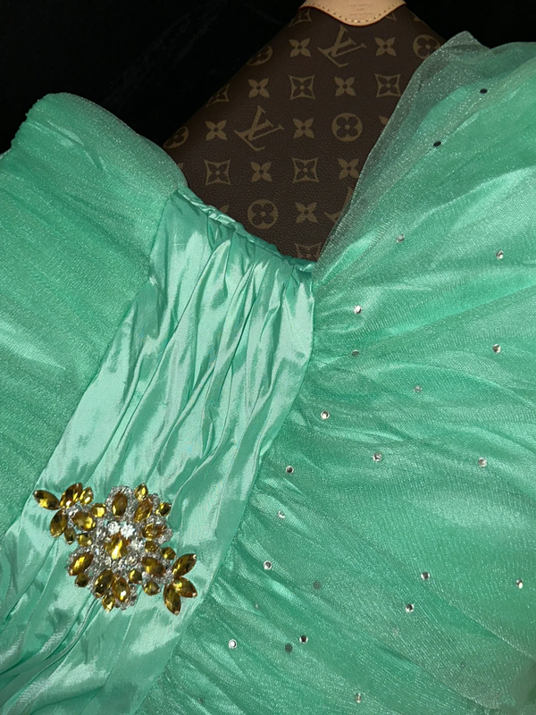 Green strapless, fitted waist, long princess-style ball gown with a full skirt R7044