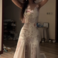 White dress with pink floral print, halter neck, fitted waist, bodycon fishtail skirt, ball gown R8094