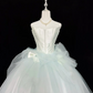 White strapless fitted bodice with light green tulle skirt, long ball gown R9051