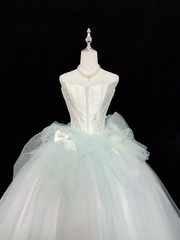 White strapless fitted bodice with light green tulle skirt, long ball gown R9051