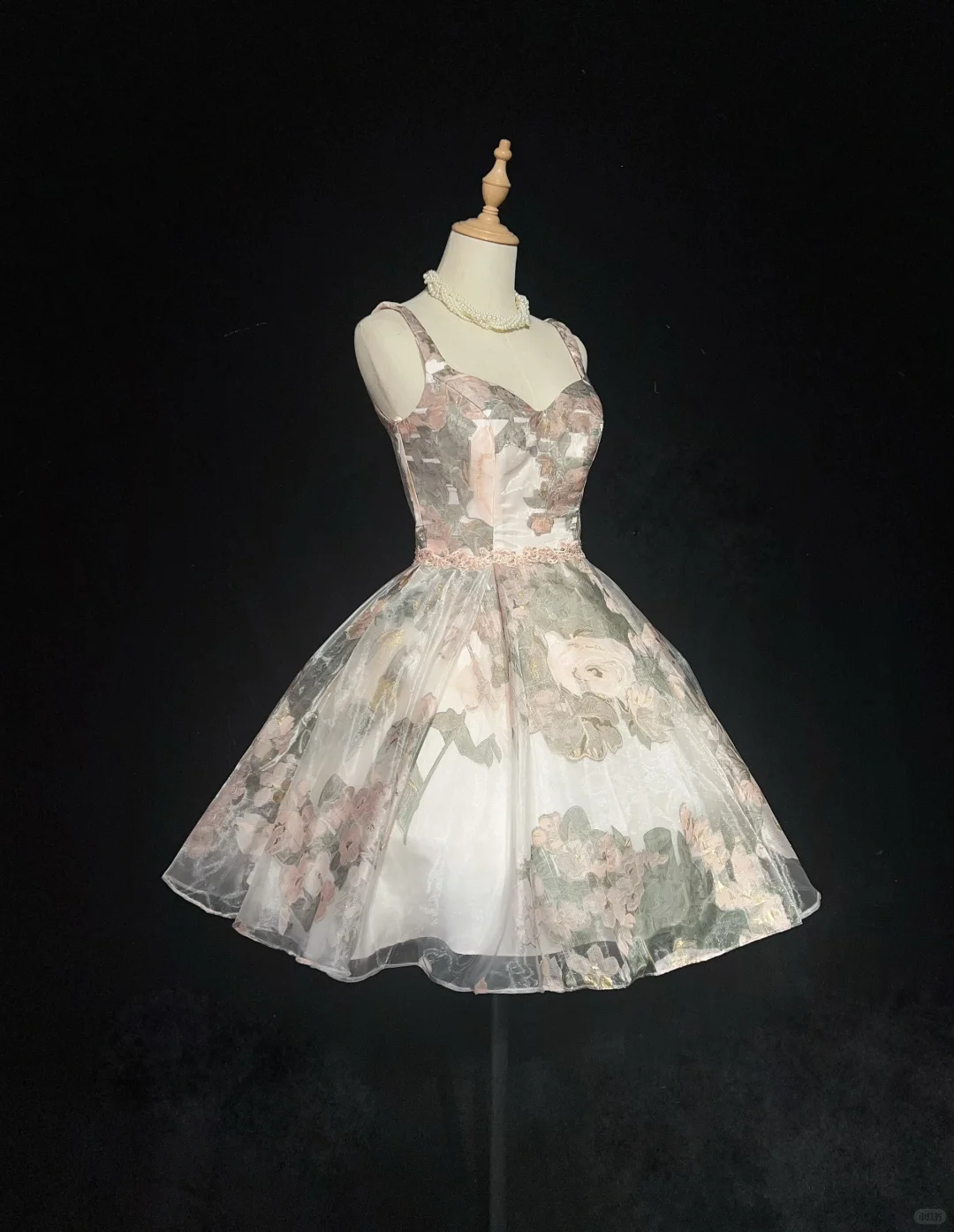 Retro pink floral suspender waist puffy princess skirt homecoming dress R4973