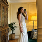 Silver-embellished white bodycon satin long ball gown, bridal dress R8597