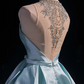 Lake blue round neck sheer diamond neckline waist slim fit princess short dress homecoming dress R4892